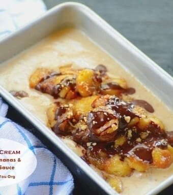 Peanut butter Ice Cream with Fried Bananas and Chocolate Sauce