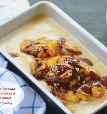 Peanut butter Ice Cream with Fried Bananas and Chocolate Sauce