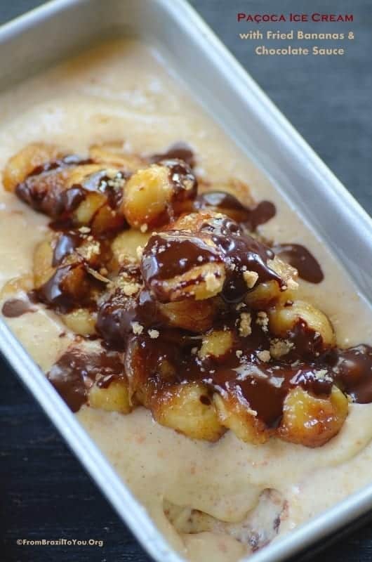 Paçoca Ice Cream with Fried Bananas and Chocolate Sauce