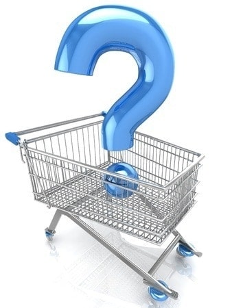 A shopping cart with a blue question mark inside