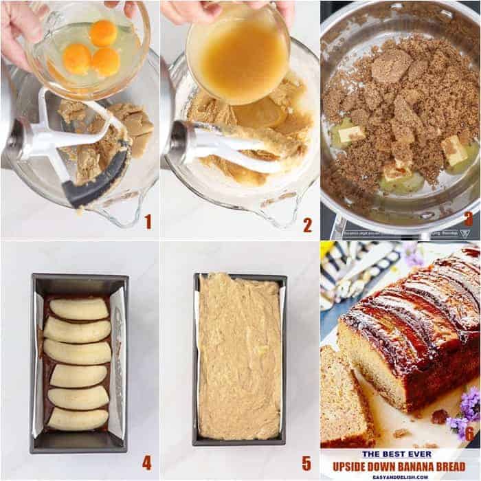 photo collage of cooking directions for upside down banana bread