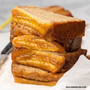 A stack of sliced moist banana bread