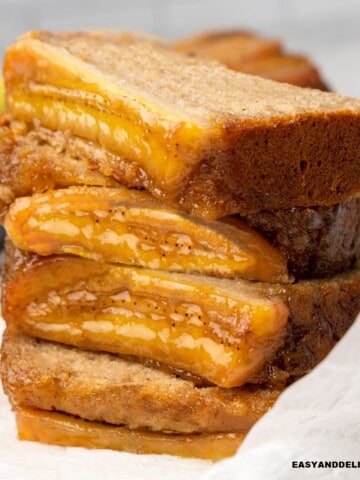 A stack of sliced moist banana bread