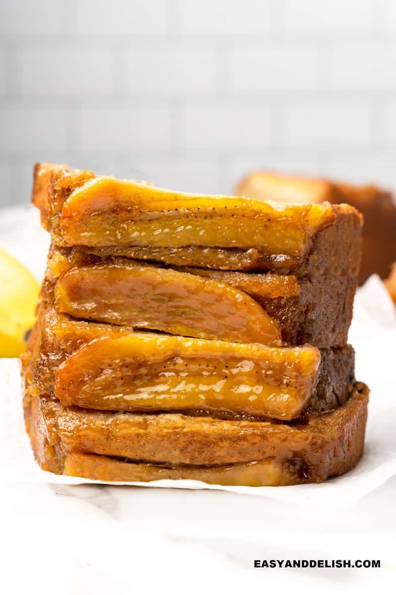 several sliced of easy banana bread piled up high