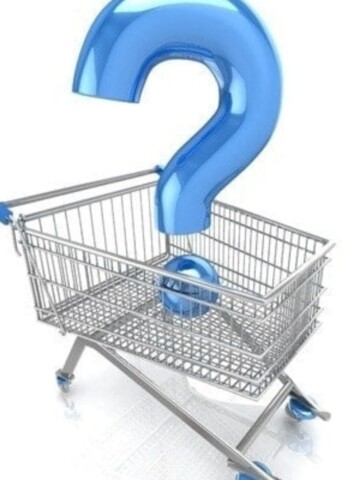 A shopping cart with a blue question mark inside.