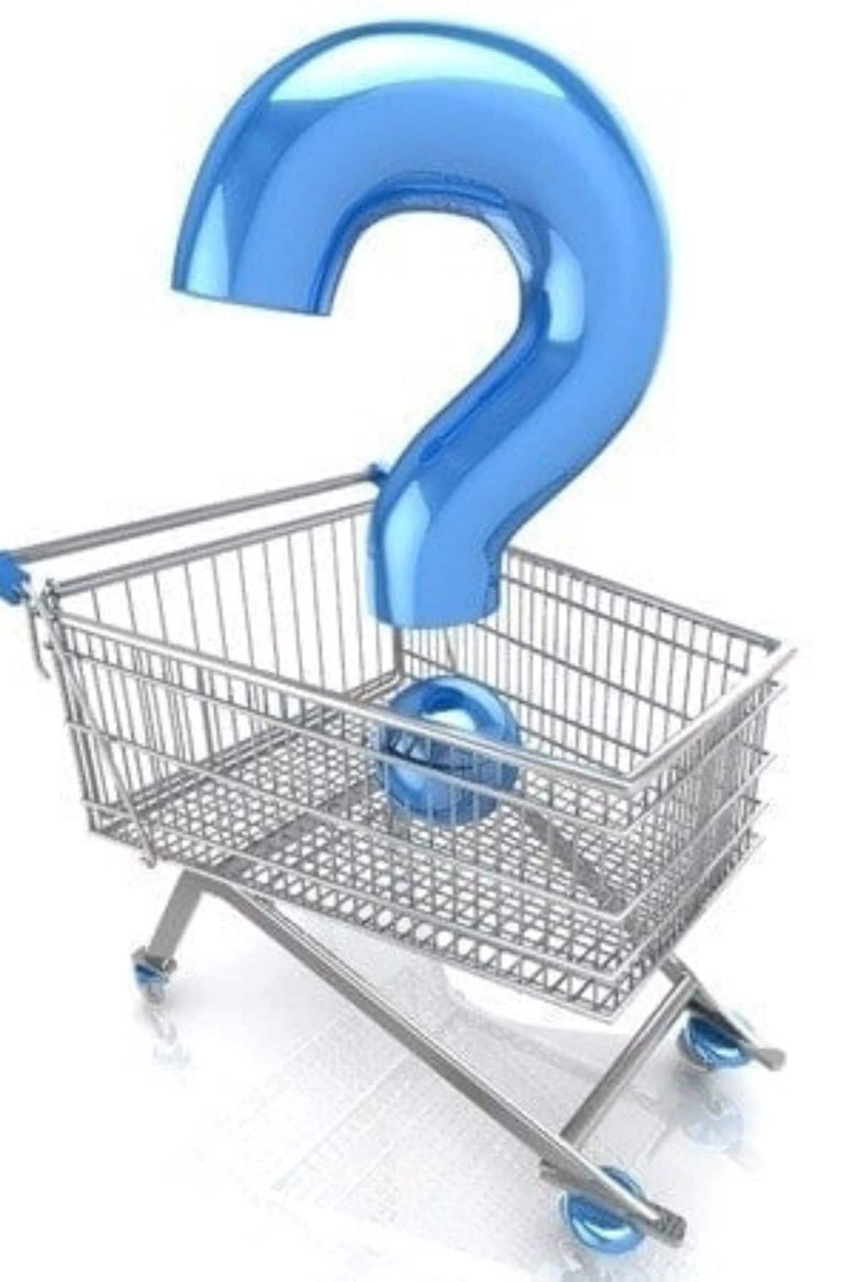 A shopping cart with a blue question mark inside.