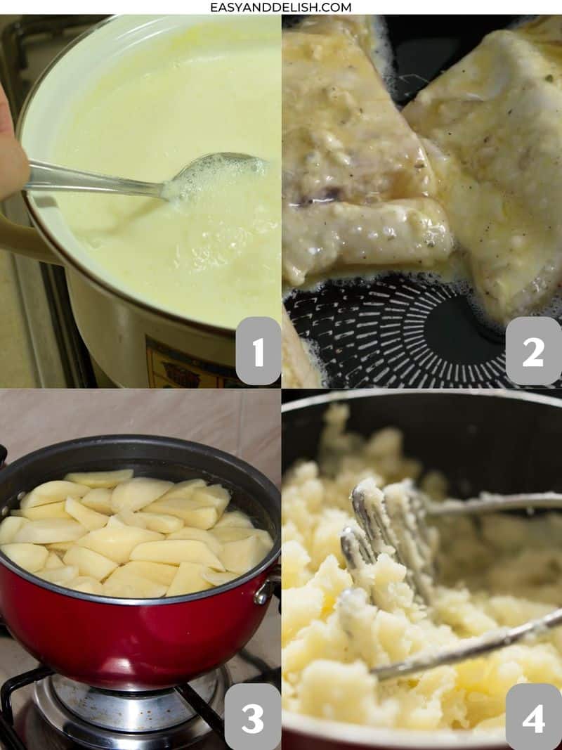 Montage of steps to make Bacalhau a Ze do Pipo Fish Pie