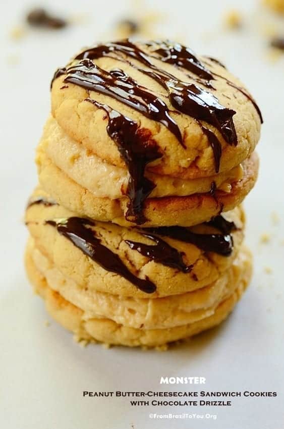 Monster Peanut Butter-Cheesecake Sandwich Cookies with Chocolate Drizzle