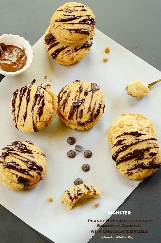 Monster Peanut Butter-Cheesecake Sandwich Cookies with Chocolate Drizzle