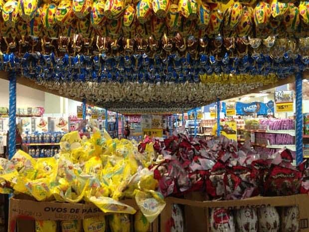 Easter eggs hanging at a store as part of Easter celebration in Brazil