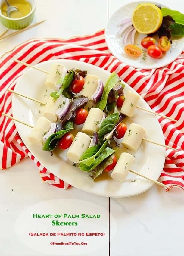 hearts of palm, lettuce, and tomatoes on skewers