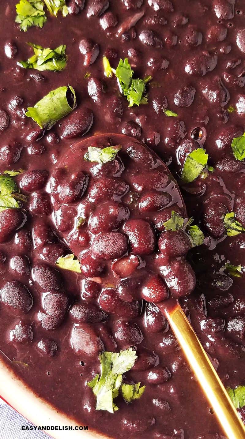 close up image of cooked black beans with chopped cilantro