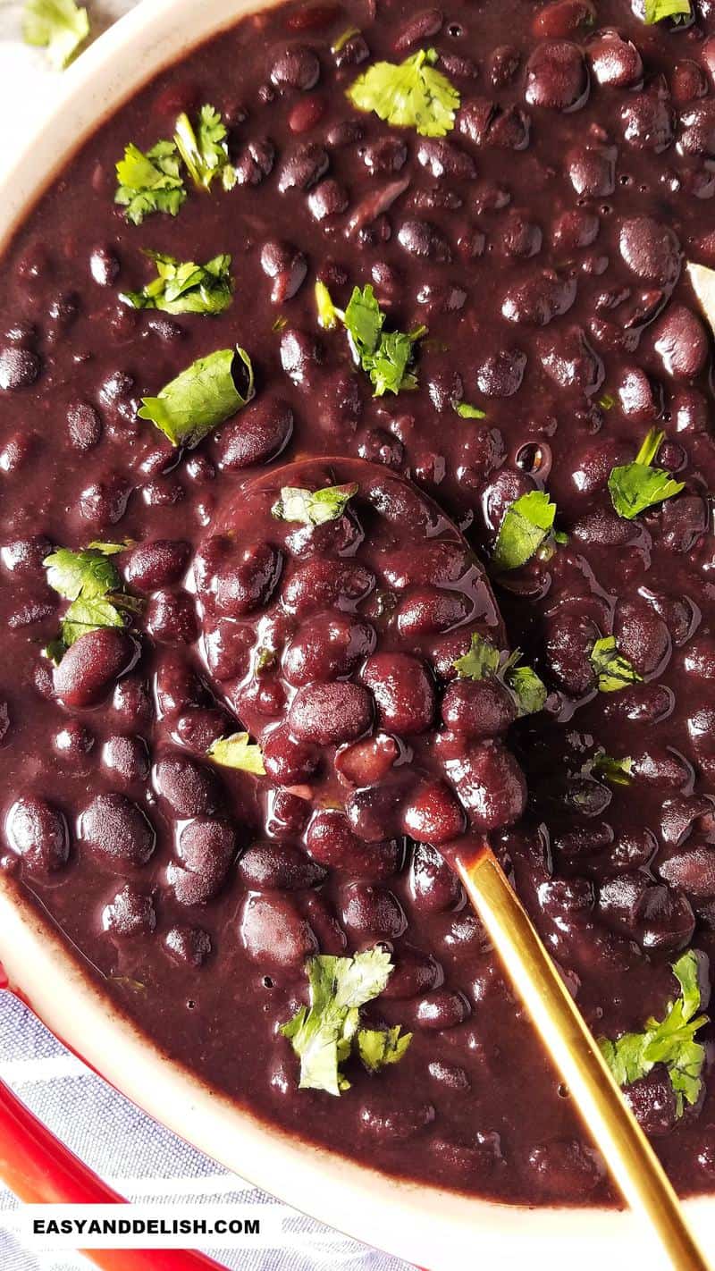 black beans cooked from scratch in a bowl with a spoon on the side