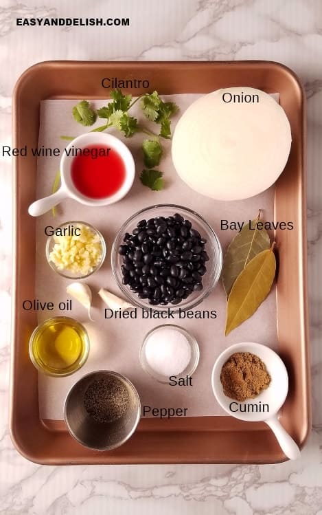 ingredients for how to cook black beans in a tray