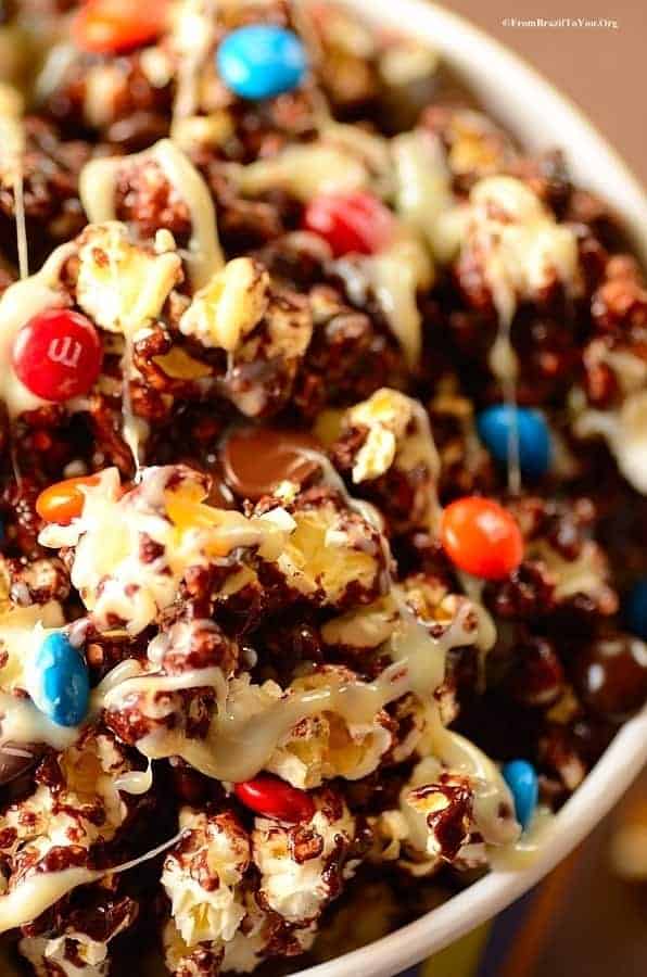 popcorn covered chocolate with condensed milk and M&M's