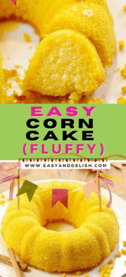collage of sweet corn cake whole and sliced