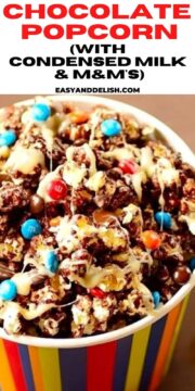close up of a bucket of chocolate covered popcorn