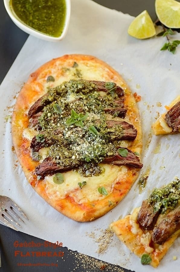 skirt steak flatbread on parchment paper