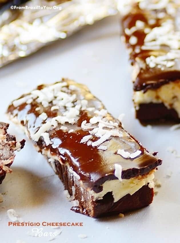 close up of Prestígio Cheesecake Bars Recipe also known as chocolate coconut bars