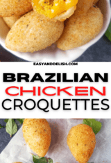 image collage showing Brazilian chciken croquettes both whole and bitten.