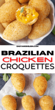image collage showing Brazilian chciken croquettes both whole and bitten.