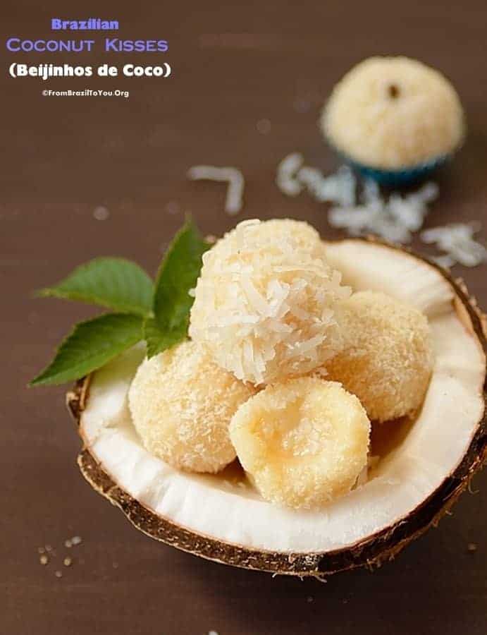 Close up image of Brazilian coconut kisses in a coconut shell