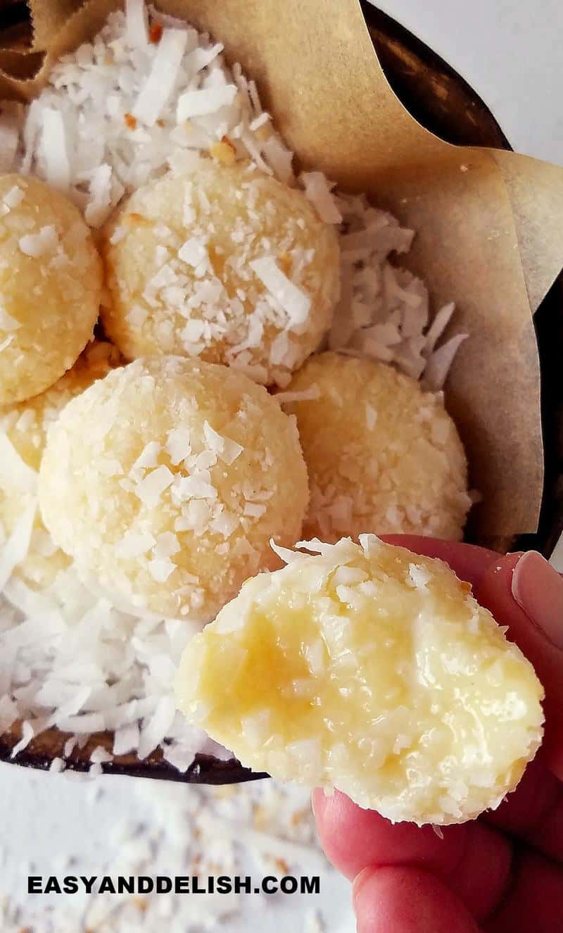 coconut balls in a bowl partially eaten