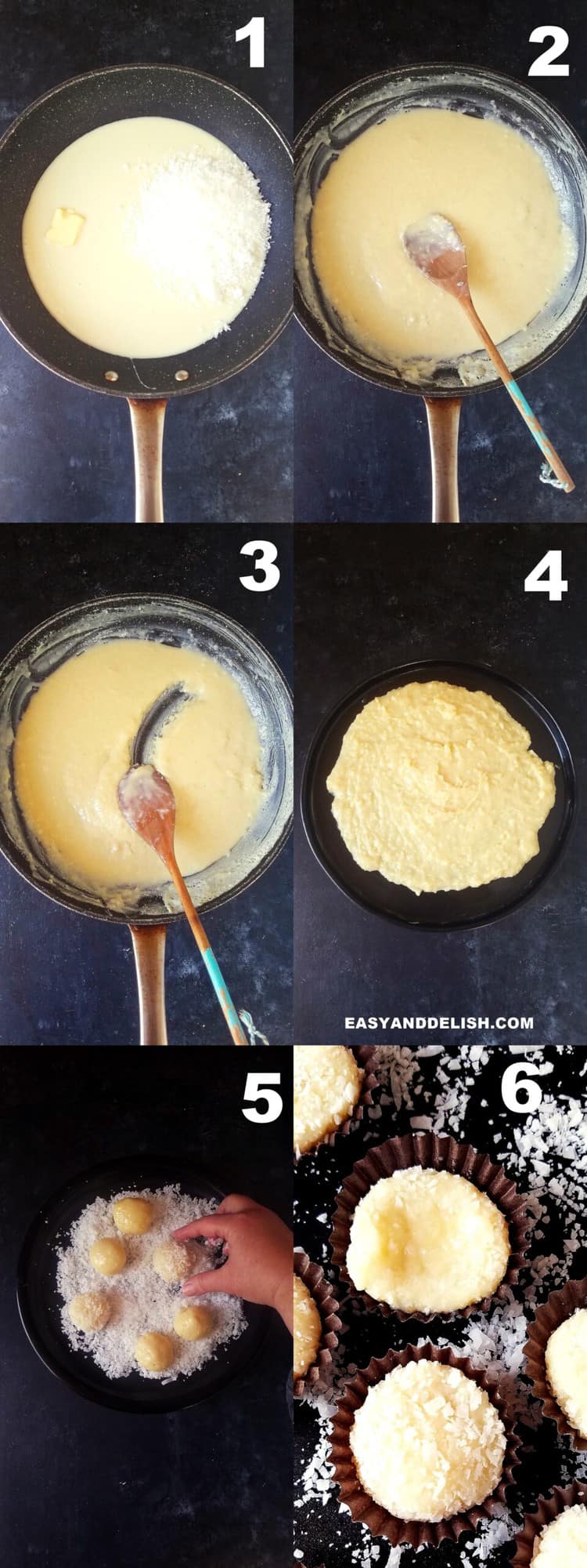 image collage showing how to make coconut kisses in 6 steps