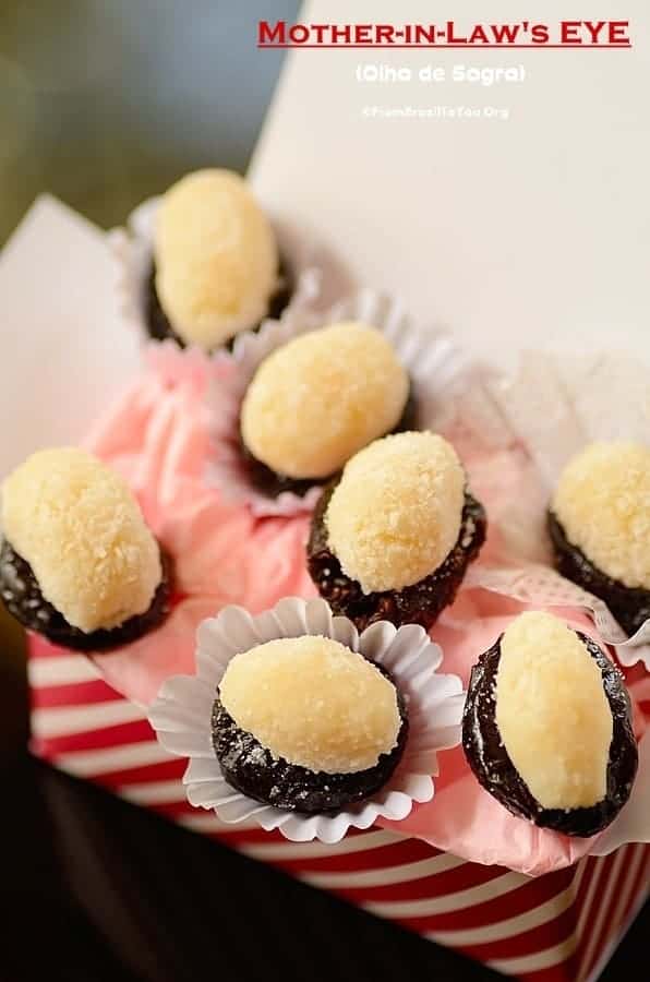 Many Mother-in-Law's Eye (Olho de Sogra) or prune coconut candy in a box