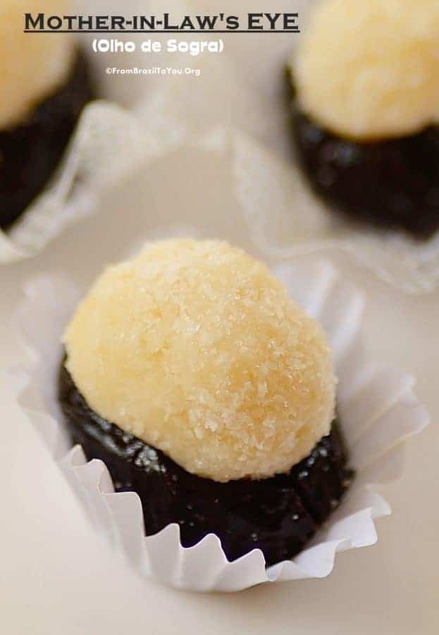 close up image of Olho de Sogra (Mother-in-Law's Eye) also known as prune coconut candy 