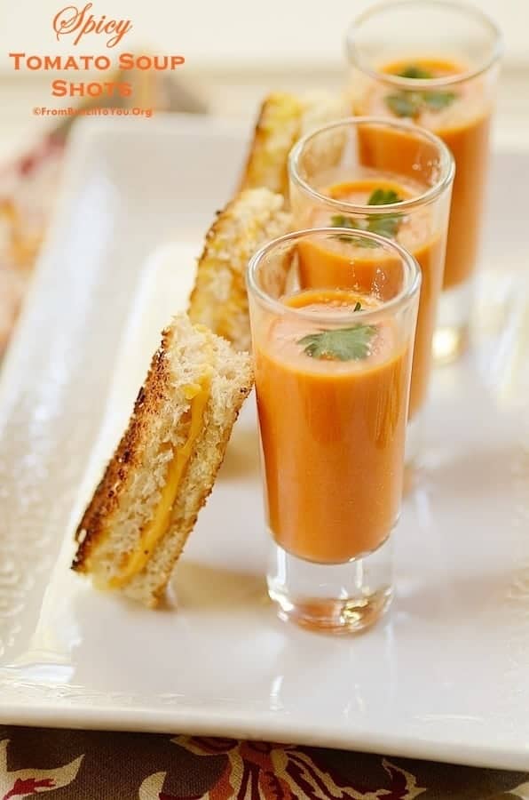Spicy Tomato Soup Shots with Mini Grilled Cheese