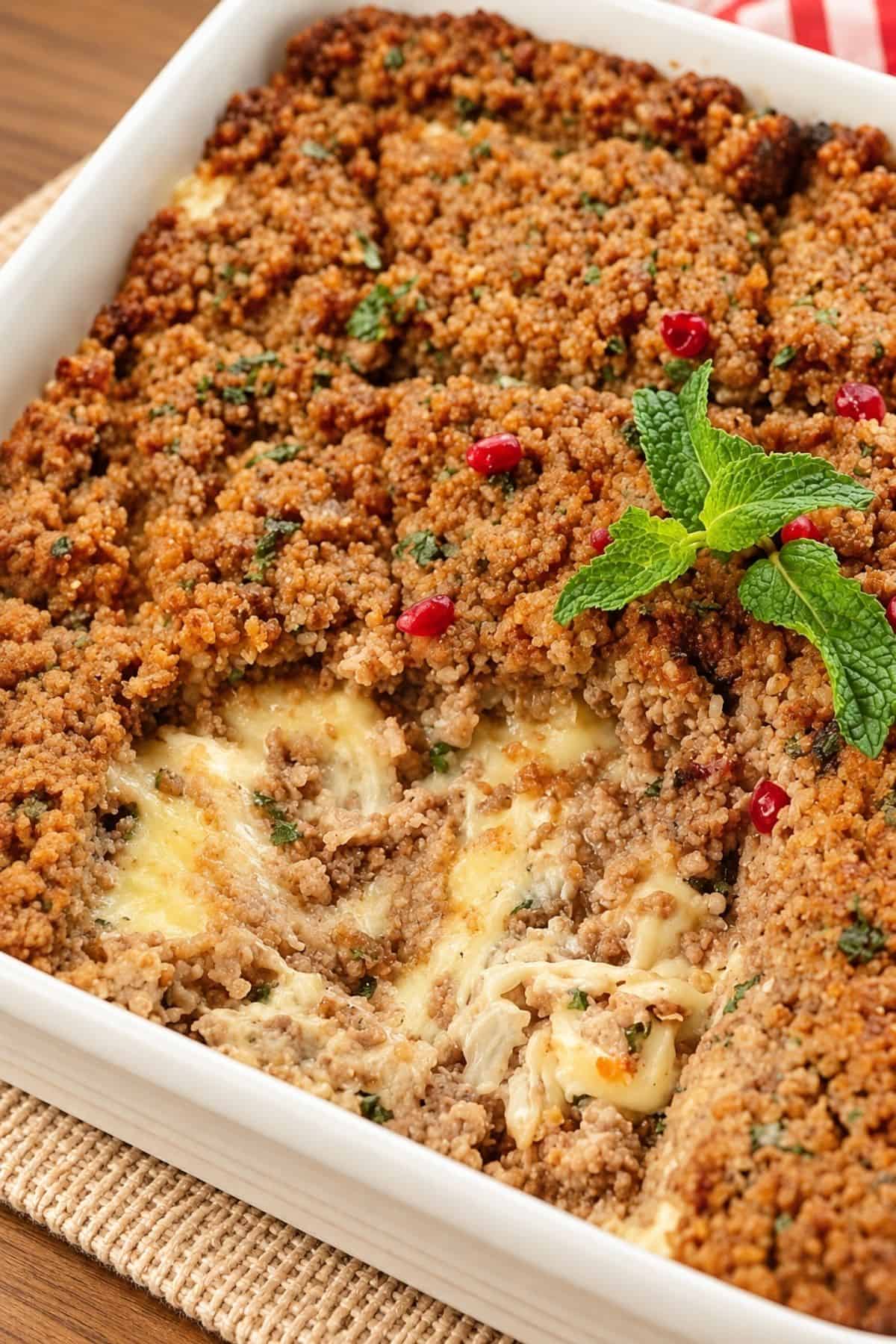 Baked Kibbeh with a golden lamb and bulgur topping, melted cheese filling, fresh mint, and pomegranate seeds in a white baking dish.