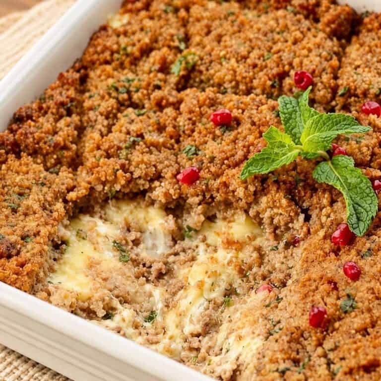 Baked kibbeh with a golden crust, melted cheese filling, fresh mint, and pomegranate seeds.