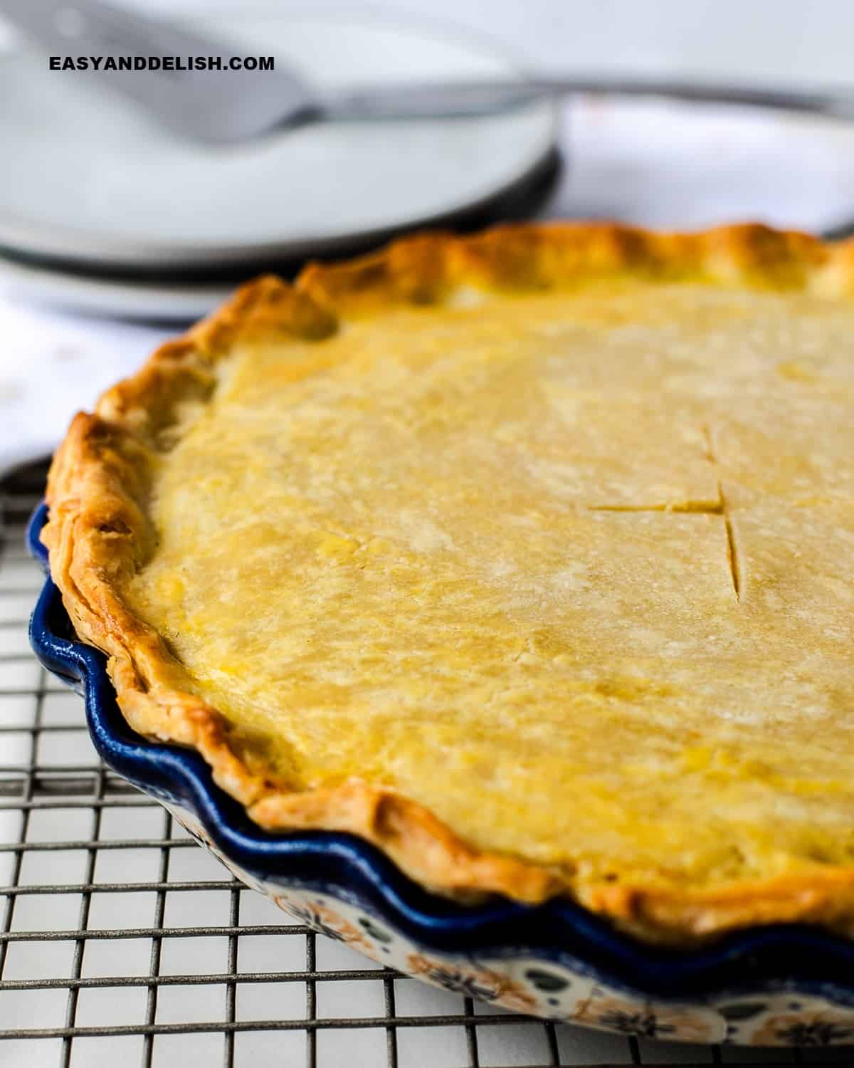 half of homemade chicken pot pie in a pie plate