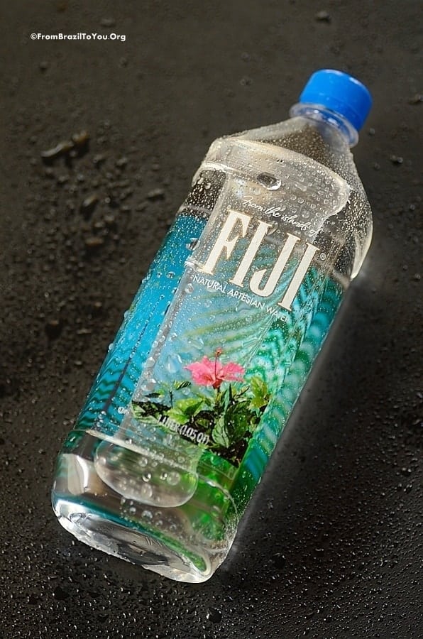 A plastic water bottle with Fiji water