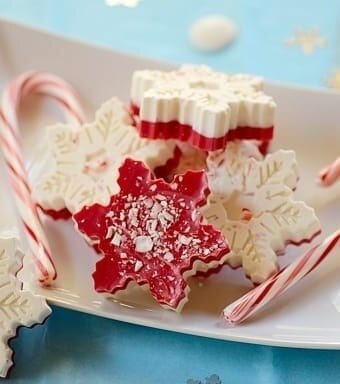 Peppermint snowflake barks on a plate with candy canes