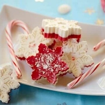 Peppermint snowflake barks on a plate with candy canes