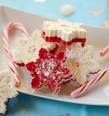 Peppermint snowflake barks on a plate with candy canes