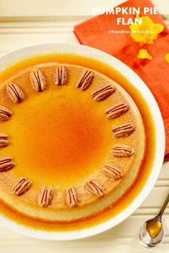 Pumpkin Pie Flan decorated with pecans