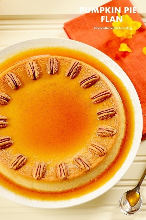 easy pumpkin flan in a platter with caramel sauce