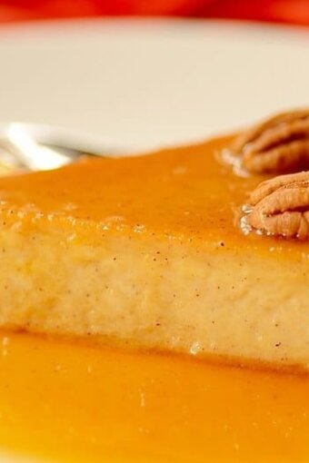 Pumpkin Pie Flan decorated with pecans