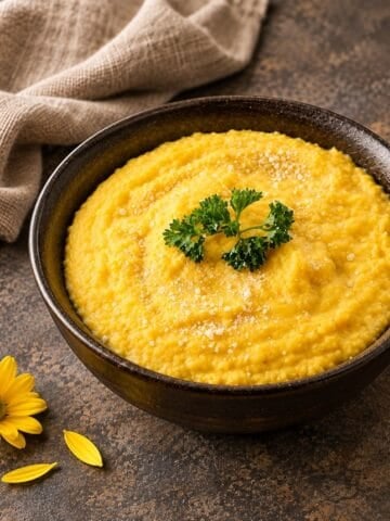 Golden pumpkin puree garnished with parsley and grated Parmesan in a serving bowl.