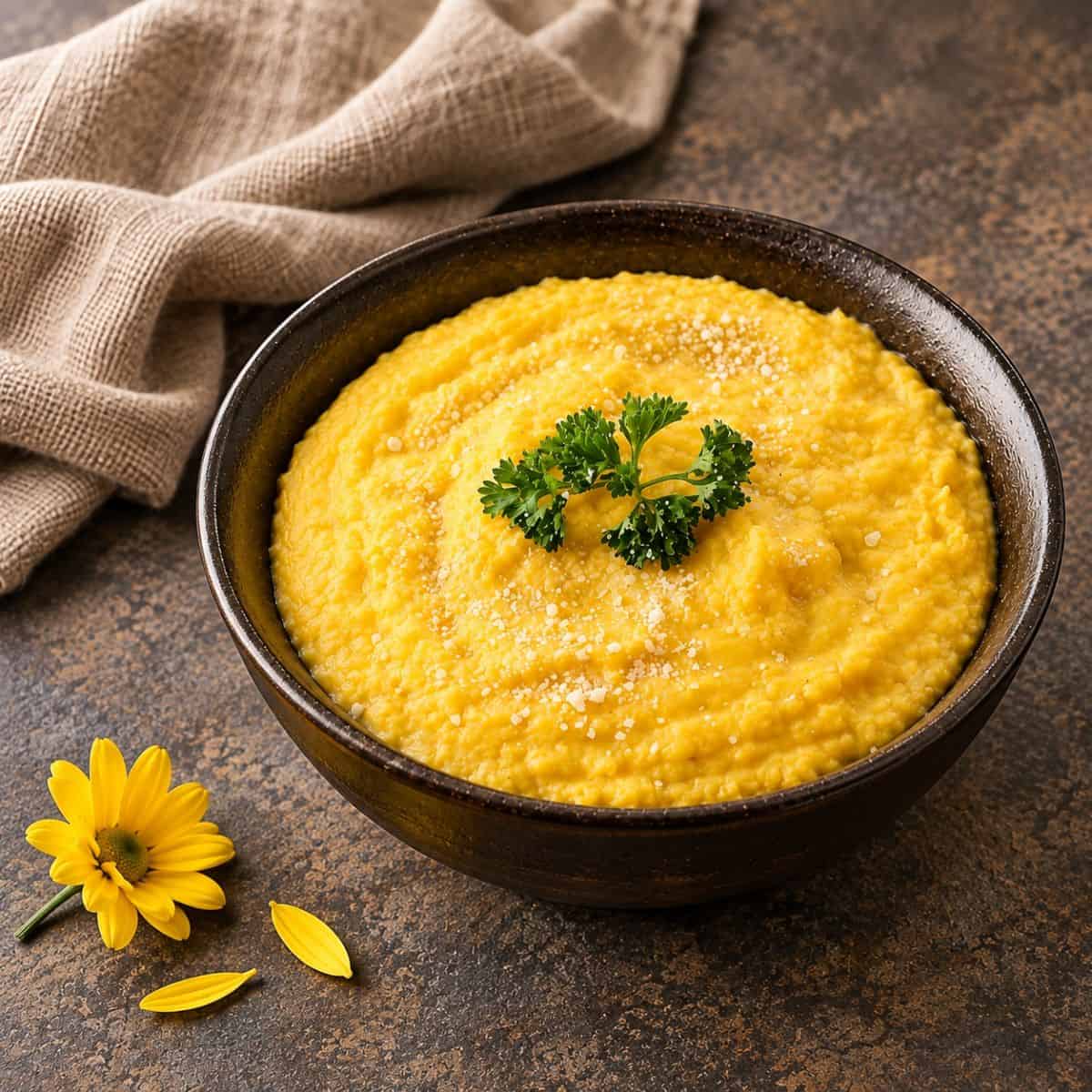 Golden pumpkin puree garnished with parsley and grated Parmesan in a serving bowl.