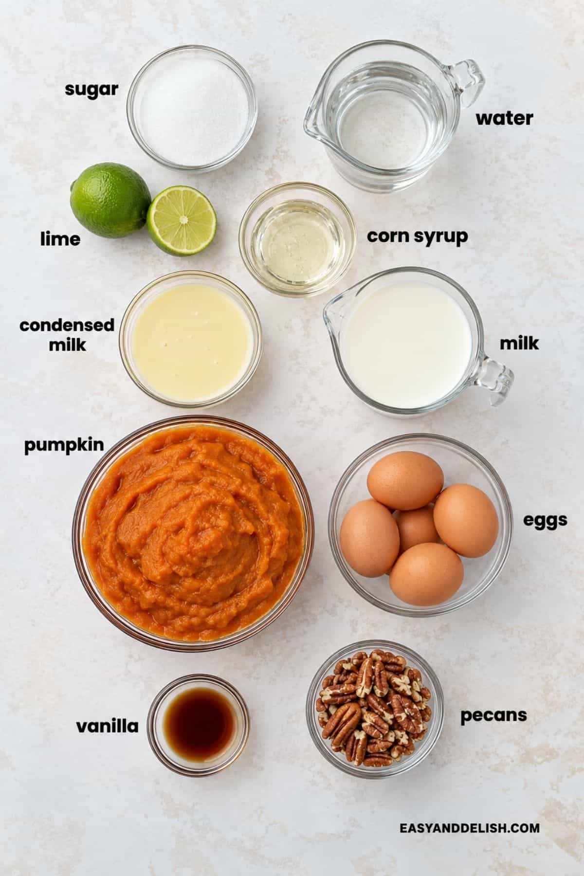 Pumpkin flan ingredients including pumpkin, eggs, milk, lime, vanilla, and pecans.