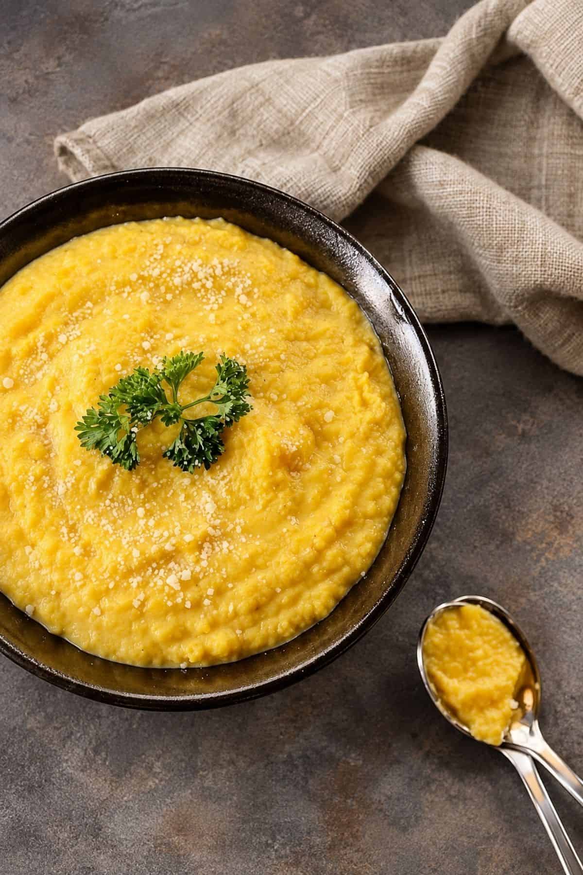 Creamy pumpkin mash topped with Parmesan and parsley in a dark bowl.