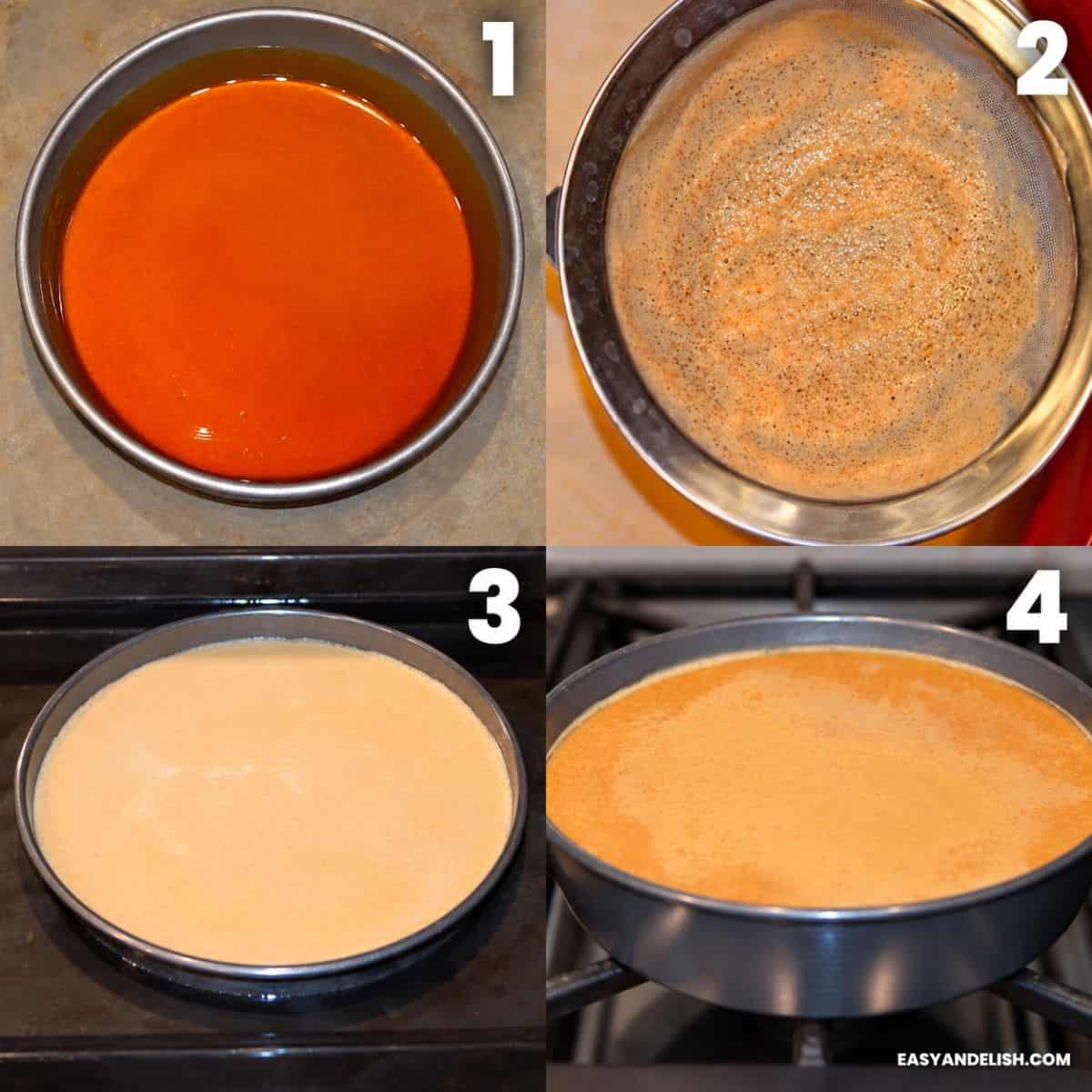 Pumpkin flan preparation showing caramel, strained custard, and baking stages.