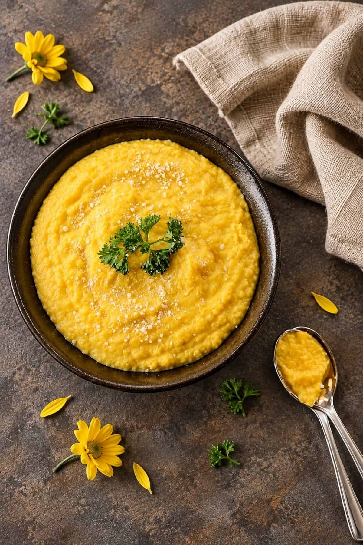 Mashed pumpkin topped with Parmesan and parsley, surrounded by fresh herbs and yellow flowers.