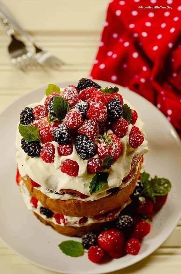 Closeup of panettone shortcake decorated with mixed berries