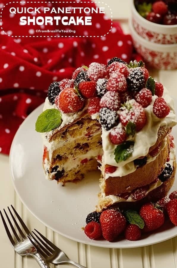 Panettone shortcake with a slice cut out