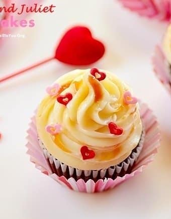 Valentine's day cupcakes on a tray.